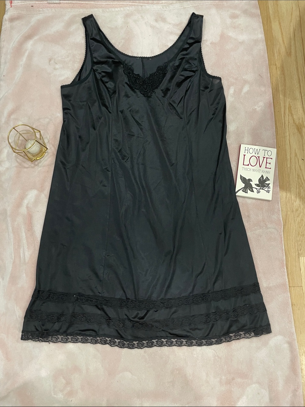 Vintage Black Lace-Trimmed Satin Full Slip Nightgown